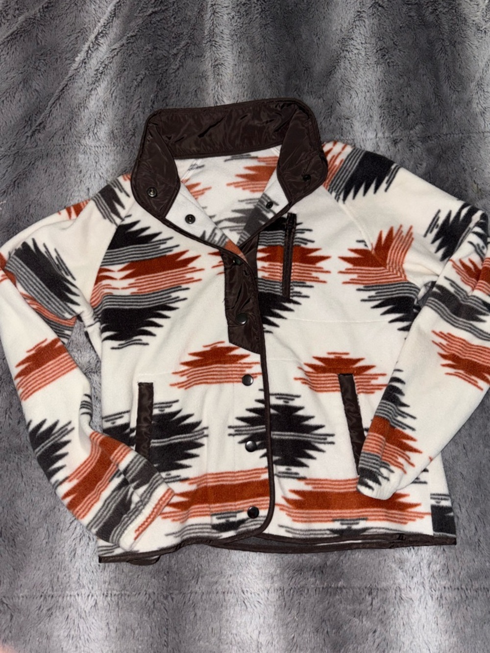 Southwestern Pattern Fleece Jacket in White, Rust & Black
